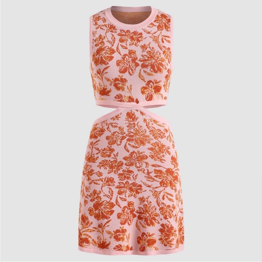 Floral Knit Cutout Dress in Pink and Orange